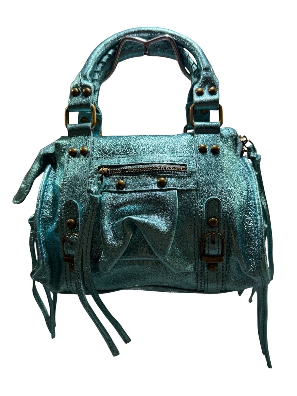 Metallic Turquoise Genuine Leather Crossbody Bag